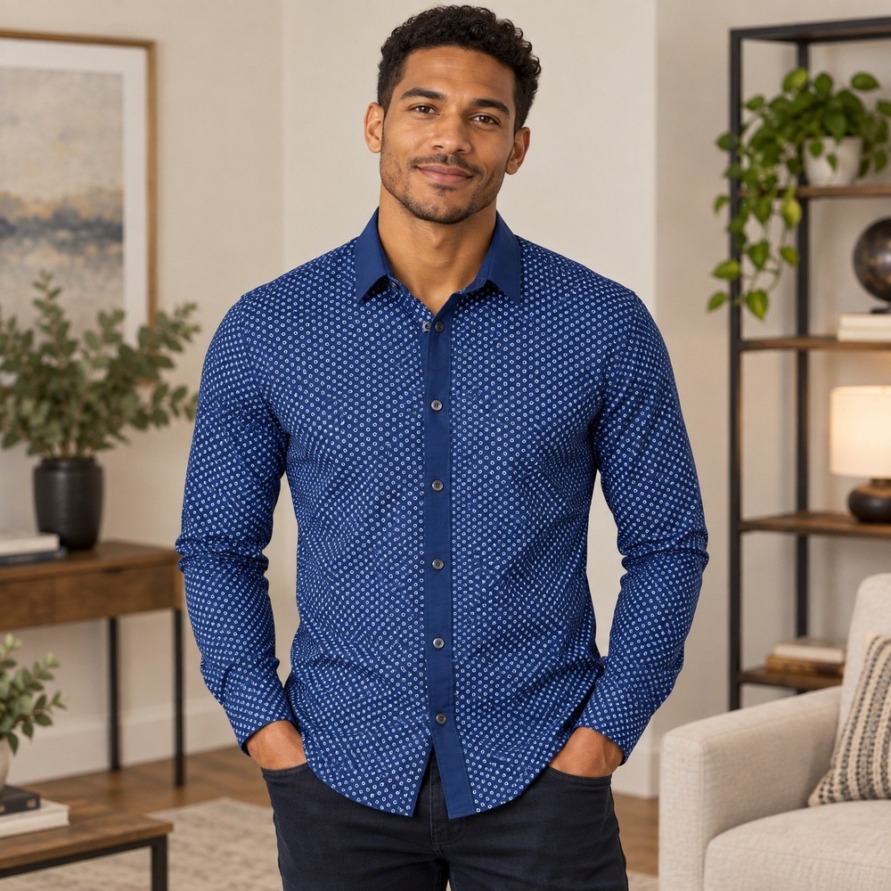 Express Button Up Shirt Mens Small Navy Blue Extra Slim Geometric Floral Print